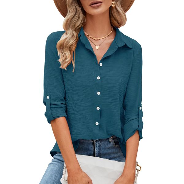 Odosalii Business Casual Tops for Women,Causal Long Sleeve Button Down Shirts Spring Summer V Neck 3/4 Sleeve Button Up Blouses Plain Work Business Teacher Outfits Tops Spring Blouses for Women 2024