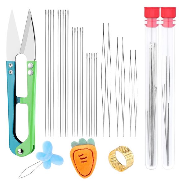 29 Pcs Beading Needles Set, 19 Pcs Big Eye Needles & 6 Pcs Long Straight Needles & Scissor & Thimble, Beading Needles Bracelets Necklaces Jewelry Making for Beading Supplies