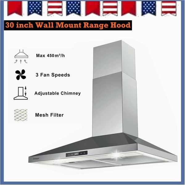 30in Kitchen Wall Mount Range Hood 450CFM Stainless Steel Touch Control Adjust