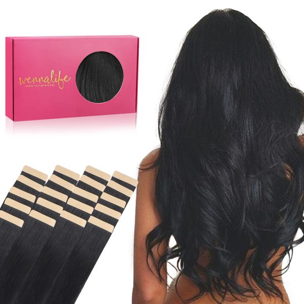 WENNALIFE Tape Extensions Echthaar, 20pcs 50g 60cm 24 Zoll Tief Schwarz Remy Invisible Tape Extensions Seidig Gerade Echthaar Extensions Skin Weft Tape Ins