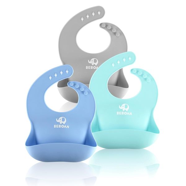 BEBOAN Silicone Baby Bibs, 3pcs Waterproof Food Crumb Catcher Pocket Weaning Bibs(4-60 Months), Bibs for Babies & Toddlers|Quick Drying,Food Grade Material,Unisex (Blue, Light Green,Gery)