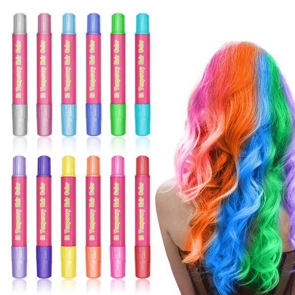 Temporary Hair Chalk Pens for Girls, WAWJ 12 Color Hair Dye Chalk,Non-Toxic Instant Hair Coloring Chalk Pens Set for Women Christmas,Cosplay, Party