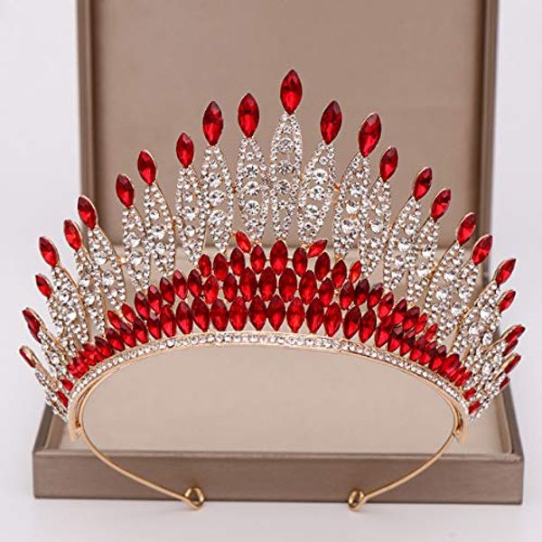 KODENG Trendy Silver Color Rhinestone Crystal Queen Big Crown Bridal Wedding Tiara Women Beauty pageant Bridal Hair Accessories Jewelry (Red)