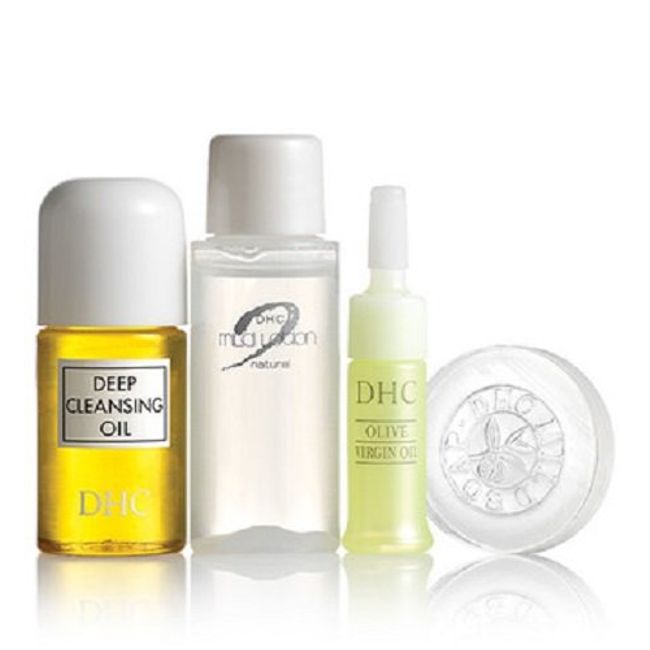 DHC Olive Essentials Travel Set, Japanese 4-step routine, Deep Cleansing Oil, Mild Soap, Mild Lotion, Olive Virgin Oil, Fragrance and Colorant Free, Ideal for all skin types