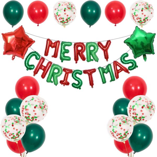 Merry Christmas Balloons Banner 13pcs Aluminum Foil 16 Inch Letters with 2pcs 18 Inch Star Balloons 30pcs Red Green Confetti Balloons for Christmas Party Decorations