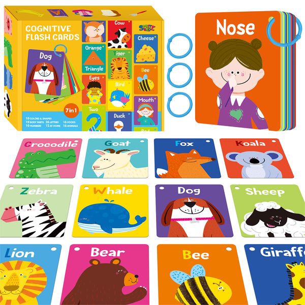 50 PCS Kid First Cognitive Flashcards,Double Sided Printed 7 in 1 Colorful Cards Alphabet,Numbers, Foods,Animals,Shapes,Colors with 3 Reclosable Rings,Learning Tool for Pre-K Kindergarten Toddlers