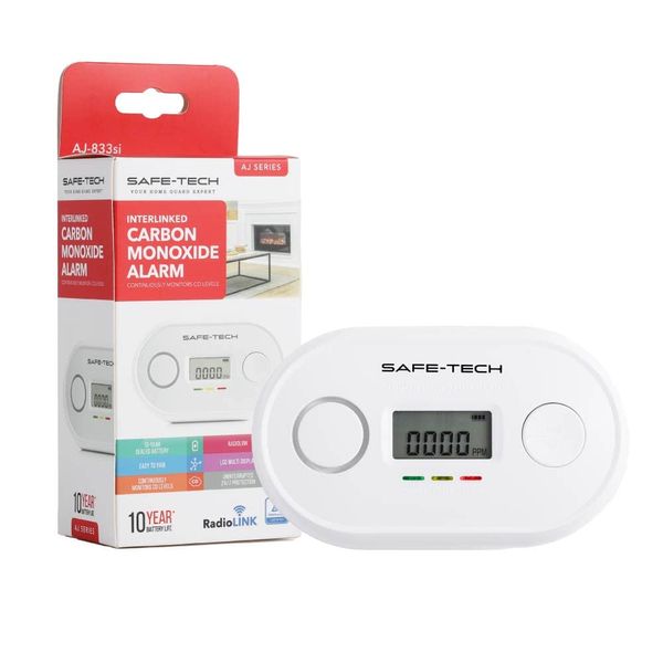 SAFE TECH Interlinked Carbon Monoxide Detector with LCD Display, 10-Year Battery CO Alarms Conforms to EN50291-1:2008 Standard, AJ-833SI