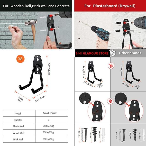 3-H Wandhaken Garage, Wandhaken Schwerlast, Doppelhaken 8 Stück, Gerätehaken für Elektrowerkzeugen, Leitern, Skateboard Schwarz