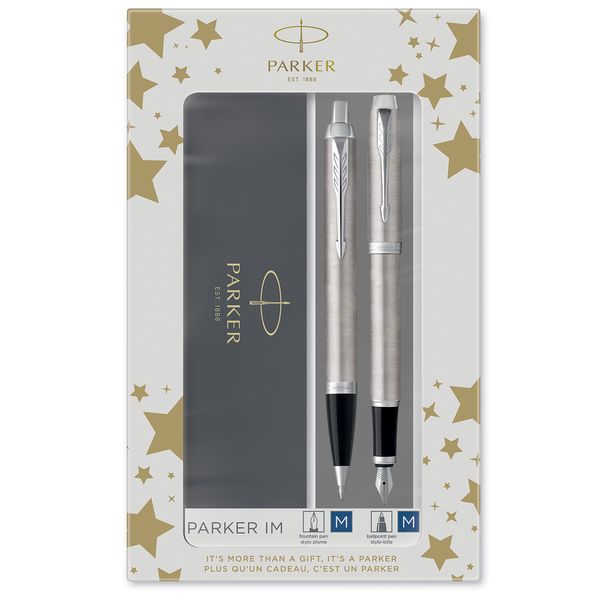 Parker IM Duo Gift Set with Ballpoint Pen & Fountain Pen | Stainless Steel Chrome Trim | Blue Ink Refill & Cartridge | Gift Packaging