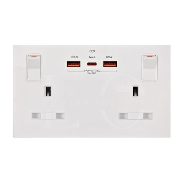 Double Socket with USB | Type-C + USB-A | 35W Super-Fast Charge | White Screwless Wall Outlet 13A