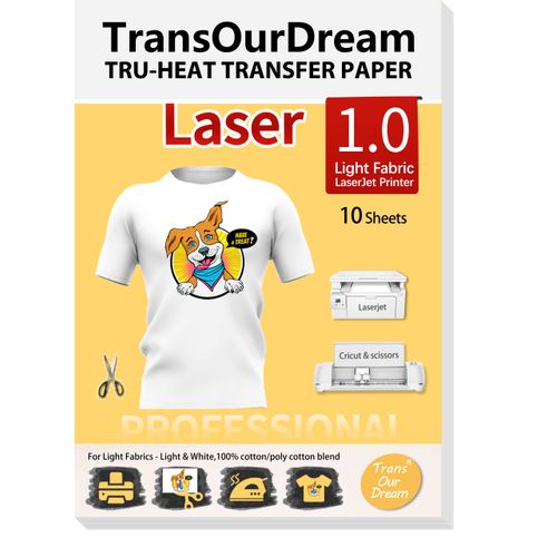 TransOurDream Tru-Transfer Paper for Laser Printer 10 Sheets A4 Iron on Transfers for Cotton Heat Transfer Paper for Light Fabric White T-Shirt Easy to Use DIY Gifts