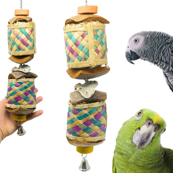 Bonka Bird Toys 2651 Barrels of Fun Natural Forage Chew Shred Medium Parrot Cage Toy, Conure, Amazon, African Grey, and Similar Breed Sizes