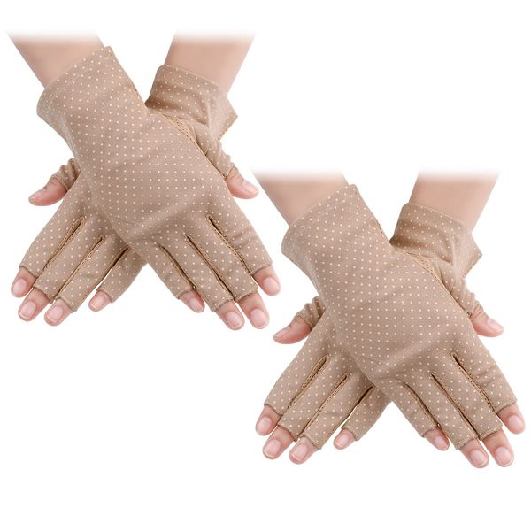 Yolev 2 Pairs Sunblock Fingerless Gloves for Women Non-slip UV Sun Protection Gloves Driving Gloves for Summer Outdoor (Khaki)