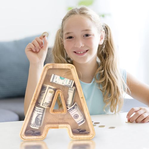 WOOD CITY Letter Piggy Bank for Adults Boys Girls Kids, Wooden 9 inch Large Personalized Bills and Coins Bank Money Box, Customized Name DIY Creative Gift for Real-Money, Alphabet Decorations (A)