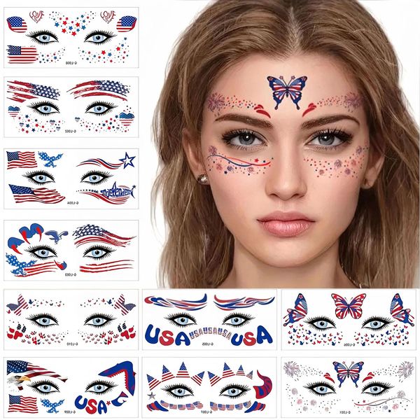 10 Sheets 4th of July Face Fake Tattoos Patriotic Temporary Tattoos for Kids Adults USA Flag Star Heart Eagle Butterfly Tattoo Kit Independence Day Parade Party Eye Makeup Face Decor Supplies