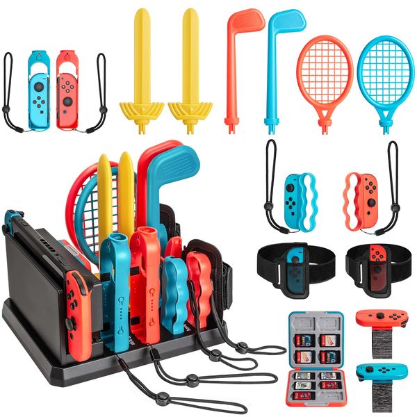 Tendak 16 in 1 Switch Sport Accessory Set for Nintendo Switch / Switch OLED, Switch Sport Game Accessory Kit with Switch Golf Racket/Badminton Tennis Racket/Armbands/Football Leg Strap/Chambara Sword