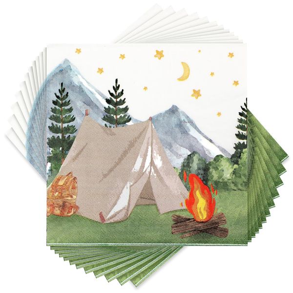 Nefelibata Camping Birthday Decorations Camping Paper Napkins One Happy Camper Napkins with Watercolor Tent Campfire Adventure Forest Bachelorette Hiking 13x13 Inch 50 Count