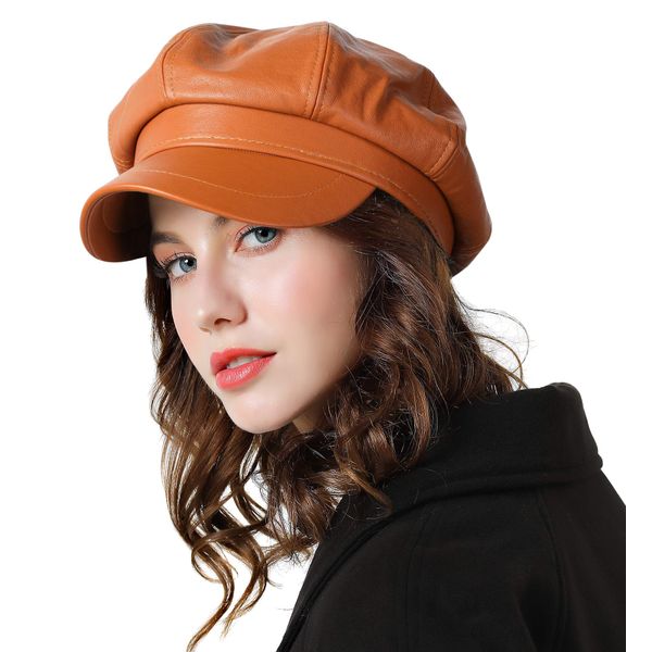 Genfien Beret Hat Classic Solid Color French for Women Newsboy Cap Beaker Boy Faux Leather Hats for Ladies Brown