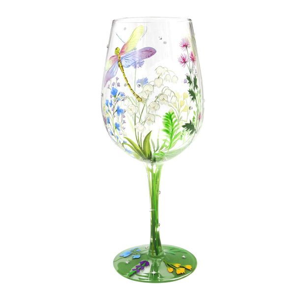 NymphFable Hand-Painted Wine Glass Colorful Dragonfly Flowers Artisan Painted Glass Novelty Gift for Friends Family 15oz