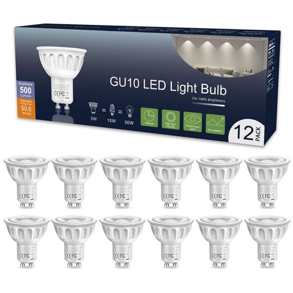 GU10 Bulb 500LM Dimmable, 3000K Warm White GU10 Bulb Replacement for Track Lighting, 5W(50W Halogen Equivalent) LED Light Bulb with 40°Flood Beam for Kitchen, Range Hood, Living Room, Bedroom, 12 Pack