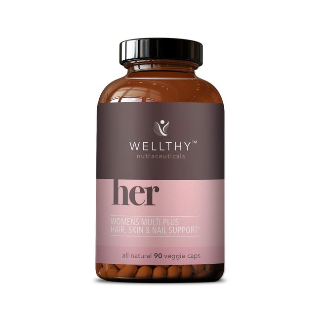 Wellthy Her Women’s Multivitamin - Vegan Multivitamin for Women with All Natural Ingredients for Healthy Hair, Skin, & Nails - Support Your Health & Beauty with Essential Micronutrients - 90 Capsules