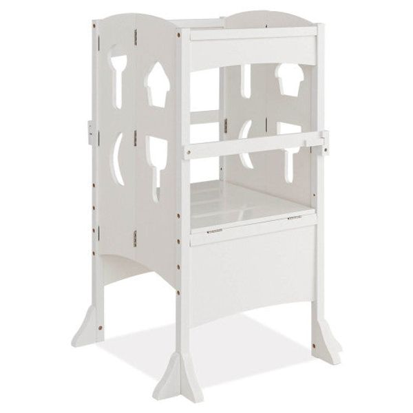 Folding Wooden Step Stool with Lockable Safety Rail for Toddler 3+-White