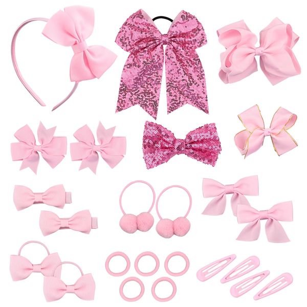 Bekecidi 24 PCS Girls School Hair Accessories Pink Bow Hair Clips Elastic Hair Bands Bow Headband Ribbon Hair Barrettes Ponytail Holder Hair Accessories for Toddlers Kids Christmas Birthday Gift