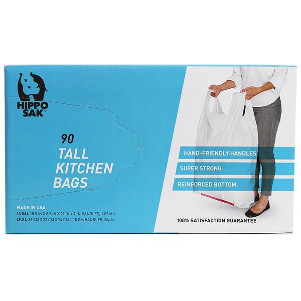 Hippo Sak Handle Trash Bag, with Power Strip, 13 Gallon Tall Kitchen, 90 Count