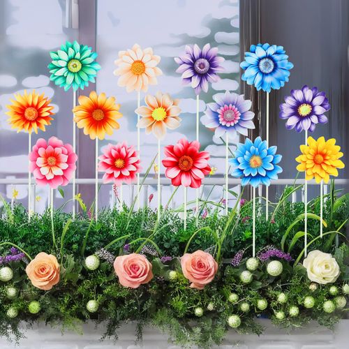 AUGSHY 14Pcs Summer Flower Garden Stakes, Colorful Planter Stakes, Decorative Garden Yard Stakes for Outdoor Lawn Patio Pathway Flower Pots, Spring Summer Garden Decor Flowers Outdoor Decor