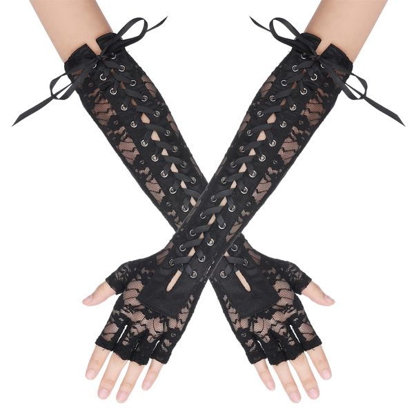 Women Lace Up Fingerless Gloves Long Elbow Lace Up Steampunk Gloves Costume Satin Arm Warmer for Halloween Dress Up (Black - Lace)