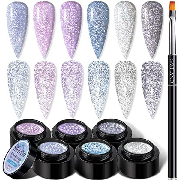 Saviland Color Gel Set, 6 Colors, Comes with Nail Brush, Glitter Gel, Gel Nail Polish Set, Silver, Purple, Blue