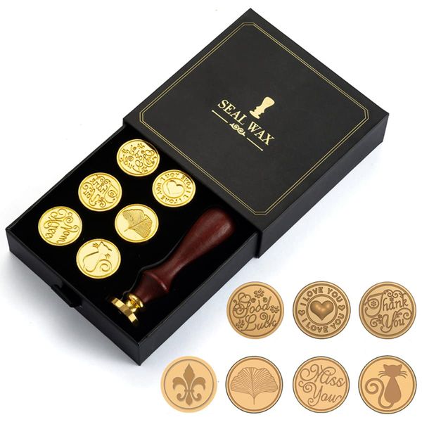 Wax Seal Stamp Kit, Wax Stamp Gift Box Set Vintage Sealing Wax Stamps, 7 Pcs Sealing Wax Stamps Copper Seals + 1 Pcs Wooden Hilt for Cards Envelopes, Invitations (Style 2)