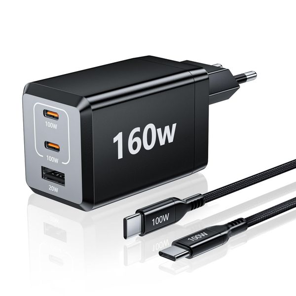 HSSNS 160W USB C Ladegerät: 3-Port GaN Schnellladegerät mit PPS, Netzteil für MacBook Pro/Air, iPad, Samsung, Galaxy und iPhone 16/15 Serie