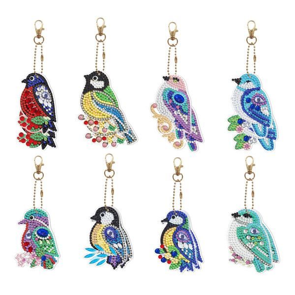 8 Pcs 5D Diamond Arts and Crafts Painting Keychain,Bird Shaped Full Drill Diamond Art Kits Key Ring,Mosaic Diamond Craft Pendant for Key Case,Art Craft,Purse,Phone,Bag