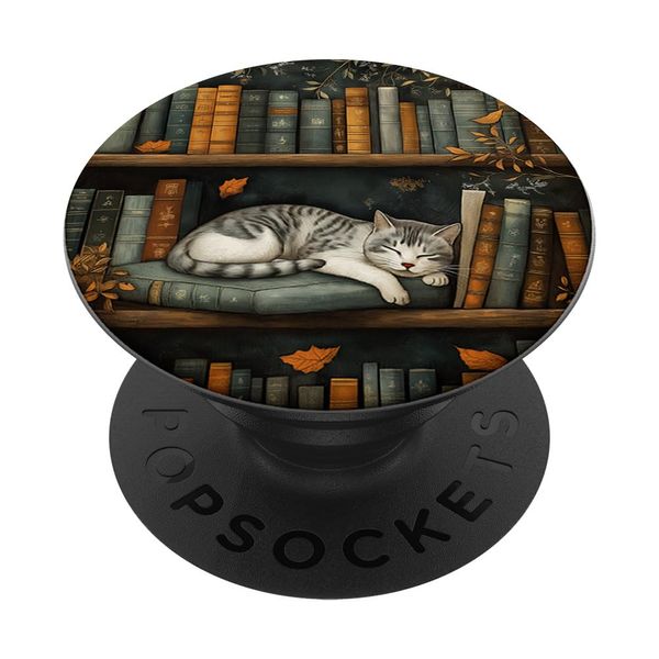 Book Bookshelf Library Cat Fall Autumn Bookish PopSockets Adhesive PopGrip