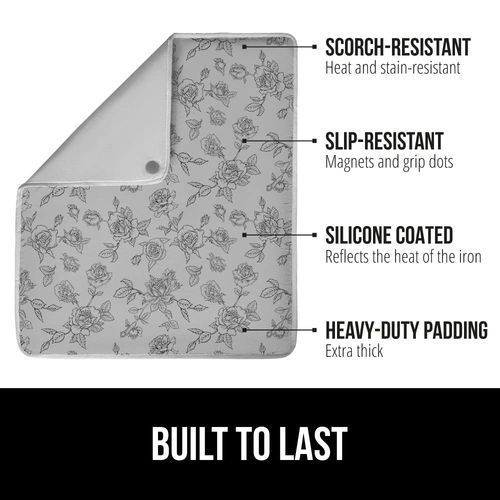 Gorilla Grip Ironing Mat, Portable Iron Pad, Magnetic Cover and Padding for Top of Washer, Dryer, Tabletop, Countertop, Silicone Coating and Scorch Resistant, Travel Size 28x24, Gray Floral