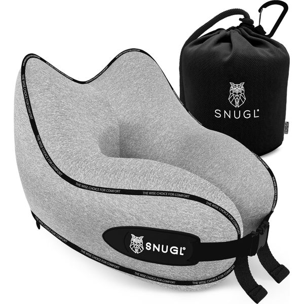 SNUGL Travel Pillow - Memory Foam Neck Cushion - Flight Pillow | Support Neck Pillow for Travel | Travel Neck Pillow for Airplane with Carry Bag & Clip | Flying Travel Essentials (Grey - Small)