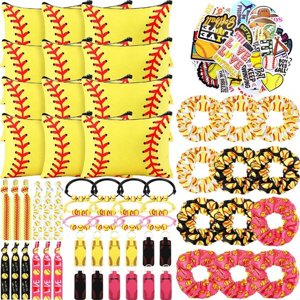 Glitinsel 110 Pcs Softball Party Favors Softball Gifts Bag Softball Hair Ties Sport Hair Scrunchies Charm Bracelets Softball Stickers Lipstick Holder Keychain for Sport Birthday Party Decoration