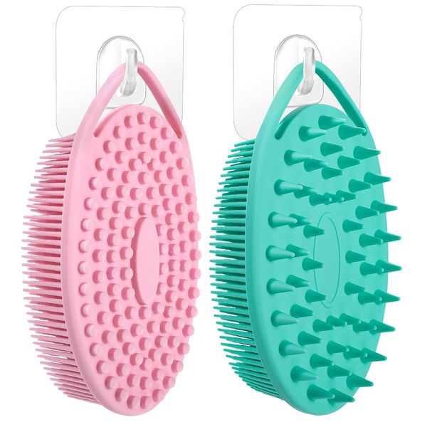 2 Packs Silicone Body Scrubber, Dual-Sided Shower Scrubber with Hooks Exfoliating Body Scrub Brush Silicone Loofah for Women Men Kids Deep Cleansing and Massage Tool