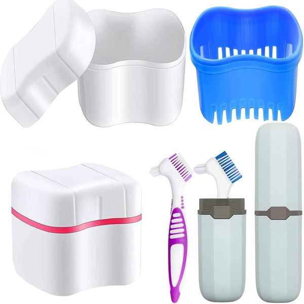 Denture Case Set, LONTOM 2 Denture Bath Cups 2 Denture Cleaner Brushes 2 Portable Toothbrush Box, Strainer Basket Retainers Denture Care Bath Box for Dentures, Braces, Mouth Guard Traveling (Random)