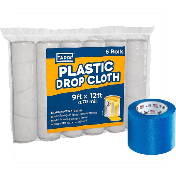 Blue Painters Tape, 4 in x 60 Yd. & 6 Pack of Plastic Drop Cloth 9x12 ft.