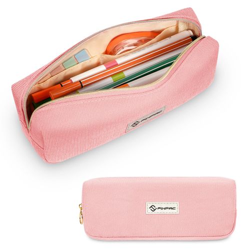FINPAC Pencil Case, Corduroy Aesthetic Makeup Bag, Cute Kawaii Pen Bag Pouch Holder Box Organize for Study, Office, or Travel (Pink)