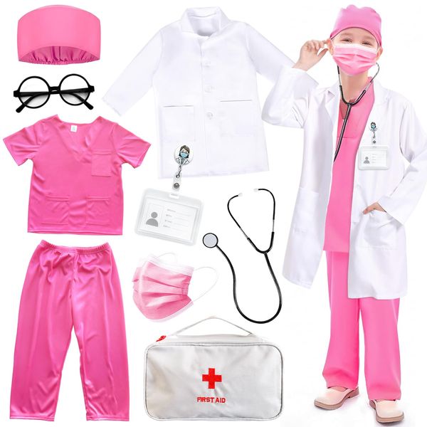 Doctor Costume for Kids Nurse Scrubs: Surgical Doctor Outfit with Lab Coat Carrying Bag Stethoscope for Career Day Cosplay (Pink, 140(9-10years))