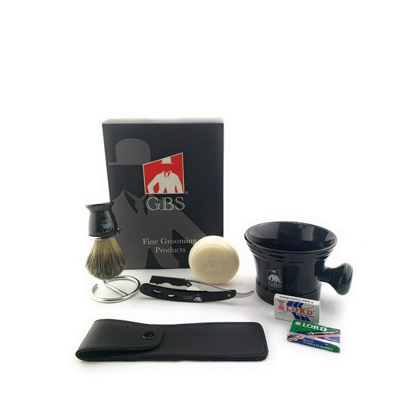 G.B.S Men’s Shaving Set, Black Shavette Barber Replaceable Blade Razor, Shaving Brush with Stand, Ceramic Shaving Mug, Natural Shaving Soap and Leather Case