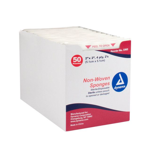 Non-Woven Sponges 2x2, Sterile, 3362, 4 Ply, 50pcs per box Dynarex