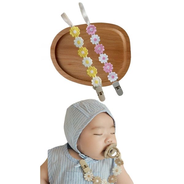 Pacifier Holder Set of 2 Pacifier Strap Clip Daisy (Pink & Yellow)