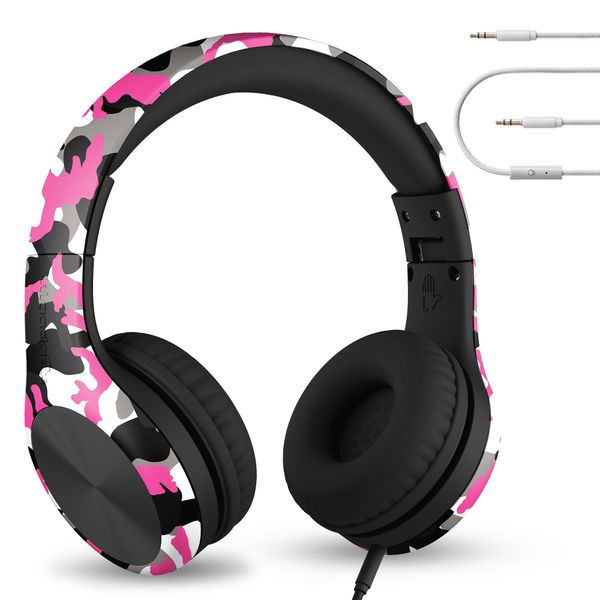 LilGadgets Connect+ Pro Girls Headphones for School - Designed with Kids' Comfort in Mind, Foldable Over-Ear Headset with in-line Microphone, Audiophile Headphone, Pink Camo