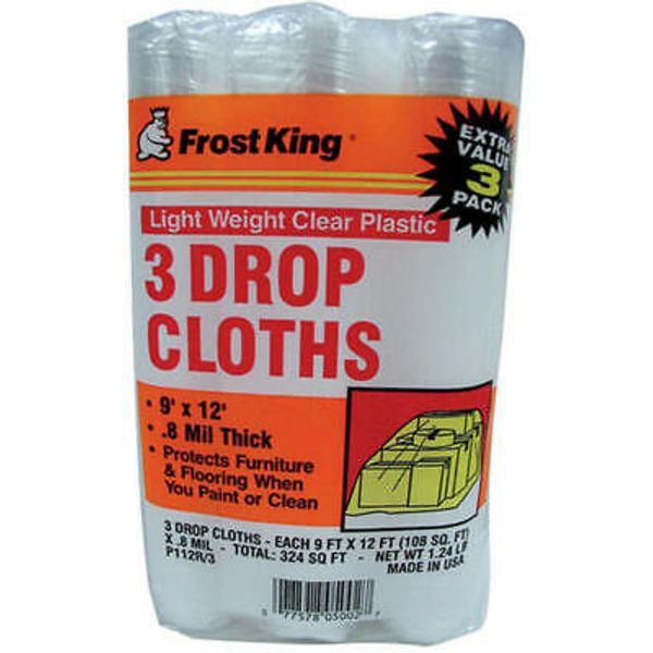 3 Drop Cloths 9' x 12' Light Weight Clear Plastic 0.8 mil Paint & Clean Protect