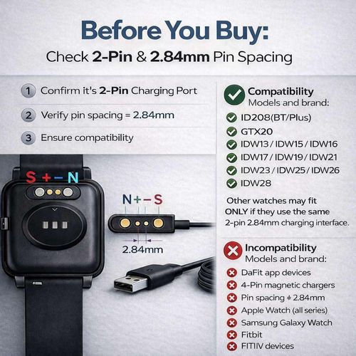 Smartwatch Charger, Magnetic Charging Cable for IDW13/15/16/17/19/21/23/25/26/28, ID208, GTX20, Replacement USB Magnetic Charger Compatible with VeryFit/VeryFitPro App Models Smart watch,, Black