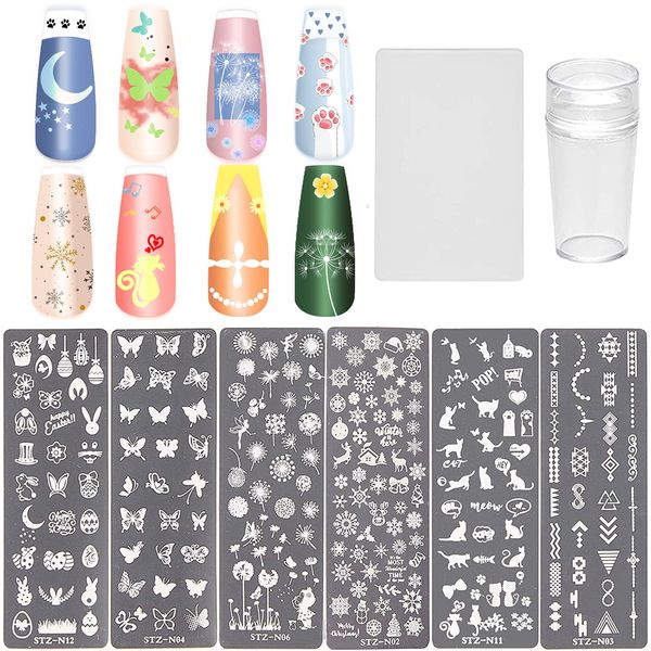 NICENEEDED Nail Art Stamping Kit With 6 PCS Nail Plates Nail Stamp Templates, 1 Nail Stamper, 1 Nail Scraper With Animals Patterns Image Plates For DIY Decoration